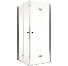 Cabină de duș de colț cu pereți de sticlă transparentă și cadru argintiu.