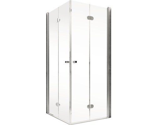 Cabină de duș de colț cu pereți de sticlă transparentă și cadru argintiu.