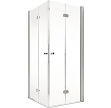 Cabină de duș pe colț cu pereți din sticlă transparentă și rame argintii