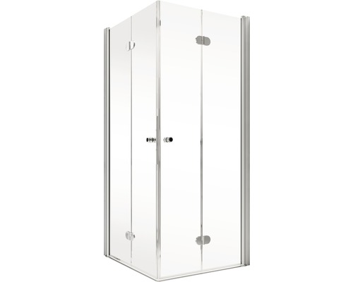 Cabină de duș pe colț cu pereți din sticlă transparentă și rame argintii