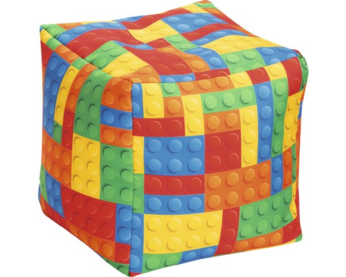 Taburet puf Sitting Point formă cub Bricks imprimeu lego colorat 40x40x40 cm Puf pătrat cu model din blocuri de construcție