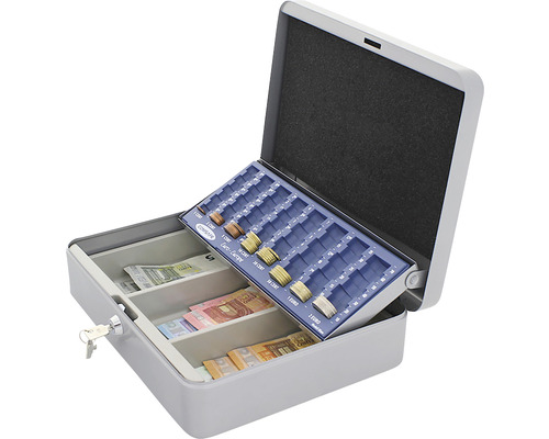 Cutie de bani deschisă cu compartimente pentru monede și bancnote