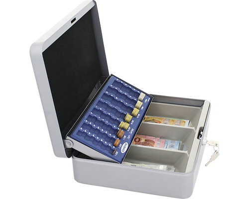 Cutie de bani deschisă cu compartimente pentru monede și bancnote