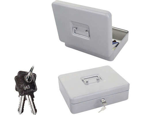 Cutie de bani metalică cu cheie, prezentată închisă și deschisă