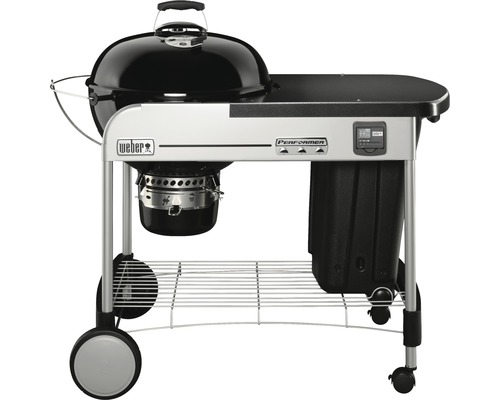 Grătar cu cărbuni Weber Performer Deluxe GBS Ø 57 cm negru incl. termometru în capac, cutie pentru cenușă, cupă măsurare brichete, suport capac Touch-Away, raft, container depozitare CharBin, masă de lucru Grătar pe cărbune Weber cu masă laterală pe roți