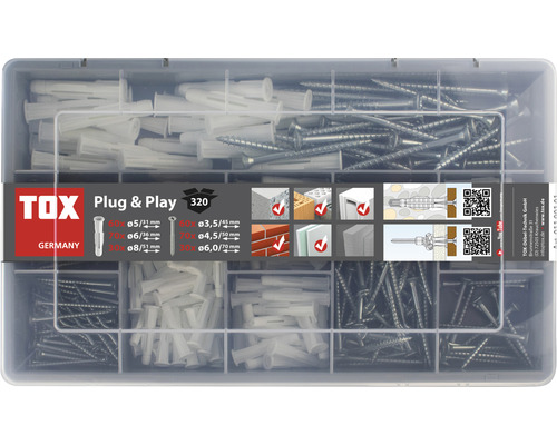 Set dibluri și șuruburi Tox Plug & Play, 320 piese Set dibluri și șuruburi TOX Plug and Play, 320 de piese, pentru diverse materiale
