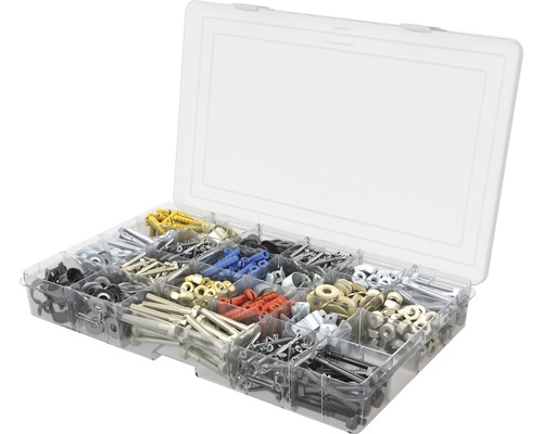 Cutie de sortiment cu șuruburi, piulițe, dibluri și șaibe