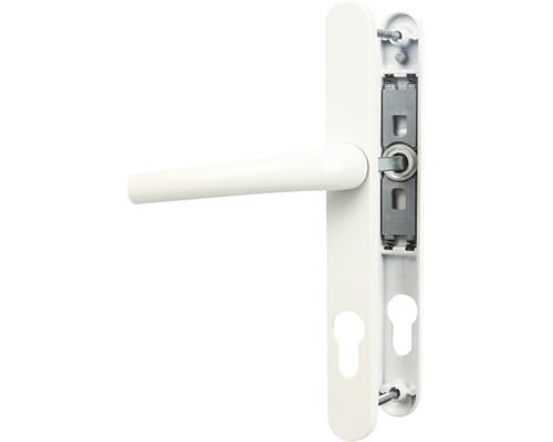 Mânere ușă cu șild Omega 85/230 mm alb, pentru cilindru, tâmplărie PVC/aluminiu Set clanță cu rozetă lungă pentru uși interioare