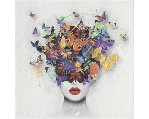 Tablou pictat manual Pure Living Colourful Collection I 40x40 cm Pictură cu față și fluturi ca podoabă pentru cap