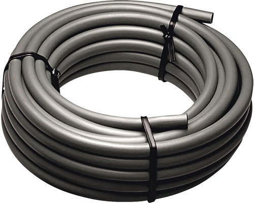 for_q Conductă PE pentru sistem Sprinkler 10 m Furtun gri din plastic, rulat și fixat cu legături de cablu.