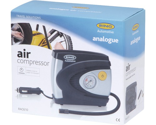 Compresor de aer analogic Ring Automotive în ambalajul produsului