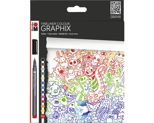 Set de pixuri Marabu Fineliner Colour Graphix cu douăsprezece pixuri și modele