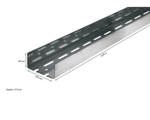 Șină perforată din metal, lungime de 3 metri, înălțime de 40 mm și lățime de 100 mm