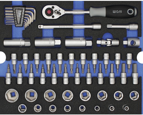 Set chei tubulare 3/8" WGB 268x38x342mm, inserție pentru sertare, 55 piese Set de scule cu chei tubulare, biți de șurubelniță și chei Allen în cutie de depozitare