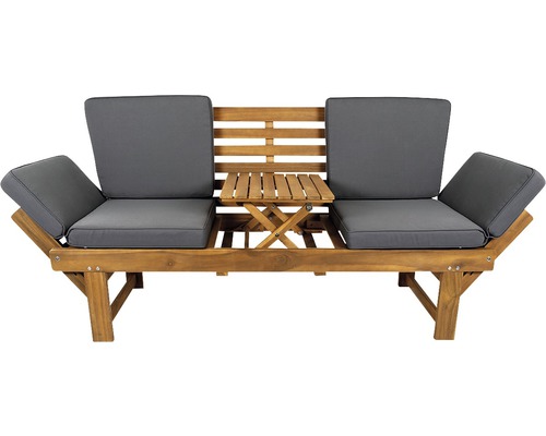 Bancă de grădină din lemn cu perne gri și masă pliabilă integrată