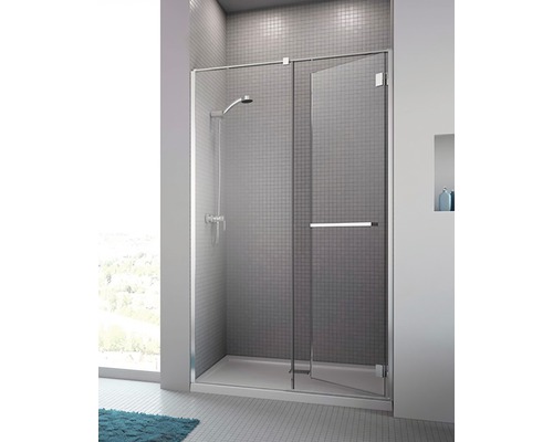 Ușă batantă pentru nișă Radaway Carena DWJ 90x195 cm, sticlă securizată transparentă, profil crom, dreapta Cabină de duș cu intrare pe colț și ușă deschisă într-o baie