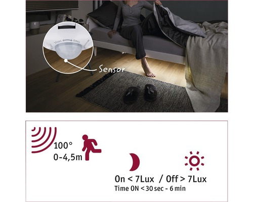 Scenă cu un pat cu o persoană și detalii despre senzorul de mișcare