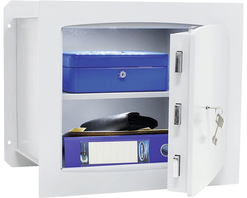 Seif deschis cu casetă de numerar, dosar și portofel