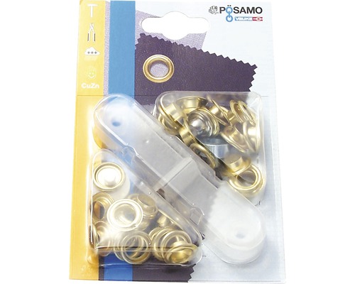 Set capse rotunde cu inel Pösamo Ø14 mm, alamă, 12 bucăți, incl. dispozitiv de aplicare