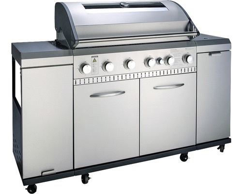 Grătar pe gaz Landmann 6+1 arzătoare din inox 24 kW suprafață de gătire 94x43 cm argintiu incl. termometru în capac, tavă de colectare grăsime, furtun, etajeră, suport tacâmuri, masă laterală pliabilă Grătar pe gaz cu șase arzătoare, capac de grătar și dulap inferior pe roți