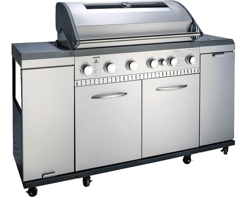 Grătar pe gaz Landmann 6+1 arzătoare din inox 24 kW suprafață de gătire 94x43 cm argintiu incl. termometru în capac, tavă de colectare grăsime, furtun, etajeră, suport tacâmuri, masă laterală pliabilă