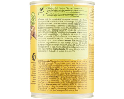 Informații despre ingrediente și valori nutriționale pe o conservă de hrană pentru animale