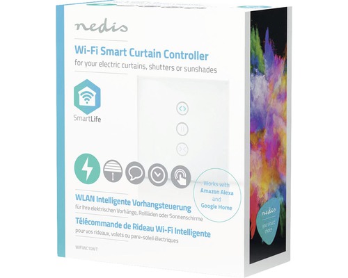 Logo Nedis. Ambalaj pentru controler de perdea Wi-Fi pentru perdele electrice, jaluzele sau parasolare