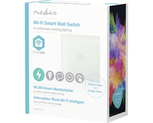 Ambalajul unui întrerupător de perete inteligent Wi-Fi Nedis pentru controlul iluminatului