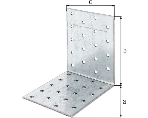 Conector unghiular cu găuri și indicații de dimensiune a, b și c.