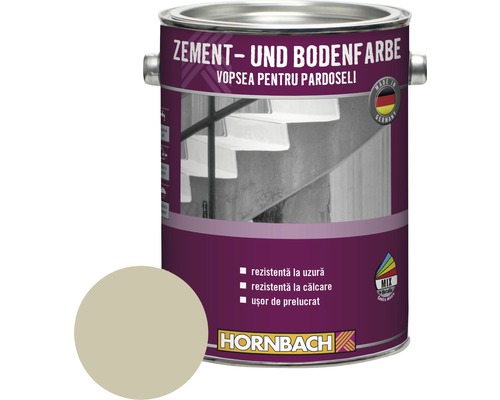 Vopsea pentru pardoseli Hornbach RAL 7032 gri deschis 2,5 l Recipient cu vopsea pentru ciment și pardoseli cu mostră de culoare și logo Hornbach