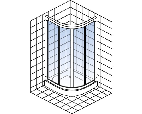 Cabină de duș pe colț cu fața din sticlă și faianță pătrată