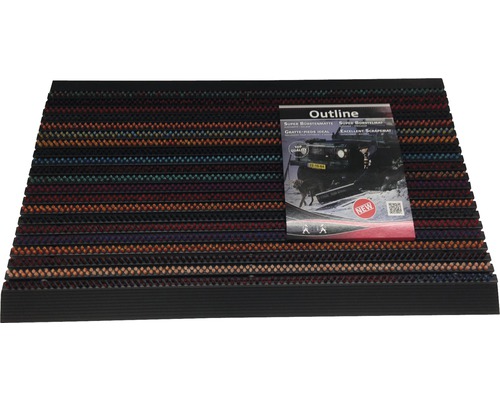 Covoraș de intrare cu model în dungi și etichetă de produs