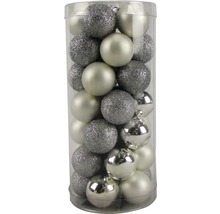 Set de globuri de Crăciun de culoare argintie, format din globuri lucioase, mate și cu sclipici