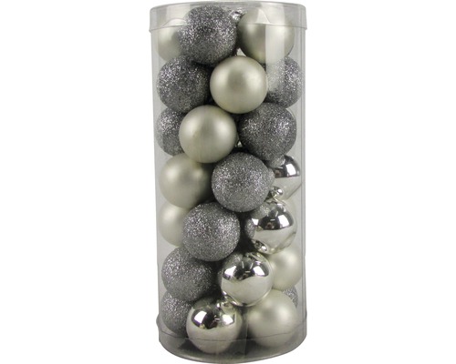 Set globuri Crăciun Ø 2 cm argintiu 35 buc. Set de globuri de Crăciun de culoare argintie, format din globuri lucioase, mate și cu sclipici