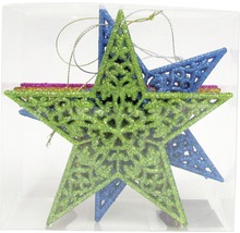 Decorațiuni multicolore pentru pomul de Crăciun în formă de stea, sclipitoare, în recipient transparent