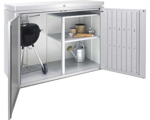 Cutie de depozitare deschisă cu grătar, rafturi și unelte de grădină