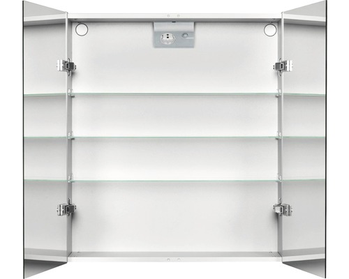 Dulap cu oglindă deschis cu rafturi de sticlă și iluminare integrată.