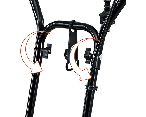 Imagine detaliată a unui suport de biciclete cu mecanism de tensionare și săgeți care indică direcția de rotație