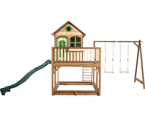 Loc de joacă cu căsuță, tobogan și leagăn din lemn