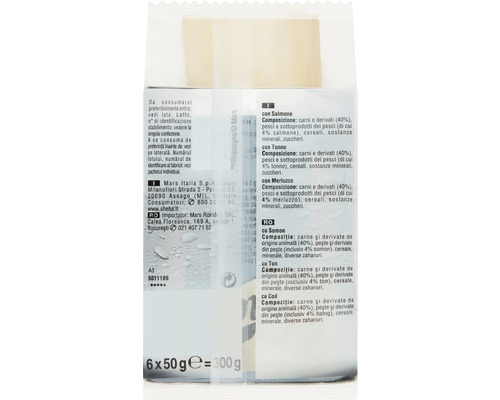 Spatele pachetului Sheba cu hrană pentru pisici, cu informații despre ingrediente