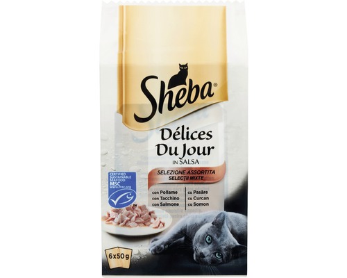 Hrană umedă pentru pisici Sheba Mini Pouch, pasăre & pește, 6 x 50 g