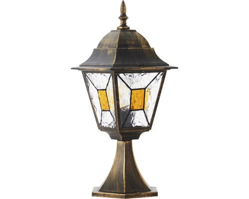 Stâlp iluminat Janel E27 max. 1x60W, 44 cm, pentru exterior IP44, negru/auriu Lumină decorativă de grădină cu sticlă texturată și soclu