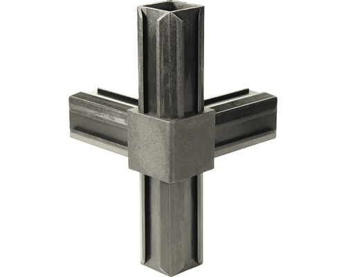 Conector țeavă pătrată tip „X” Alberts XD 20x20 mm, unghi 90°, plastic negru Conector tubular pătrat pentru patru tuburi