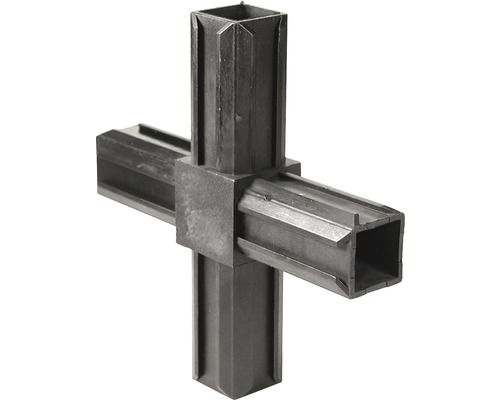 Conector țeavă pătrată tip cruce cu 4 laturi Kaiserthal XD 20x20 mm, unghi 90°, plastic negru