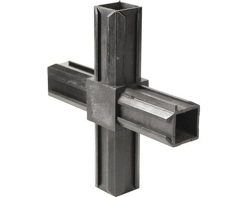 Conector țeavă pătrată tip cruce cu 4 laturi Alberts XD 20x20 mm, unghi 90°, plastic negru