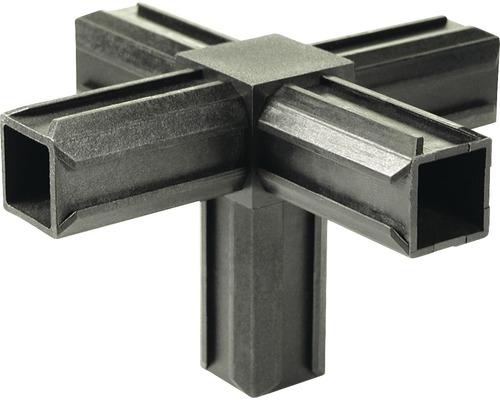 Conector țeavă pătrată tip cruce cu 5 laturi Alberts XD 20x20 mm, unghi 90°, plastic negru