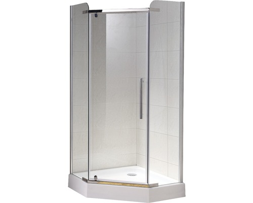 Cabină de duș pentagonală Belform 90x90x180 cm, ușă batantă, sticlă securizată transparentă, profil crom, fără cădiță