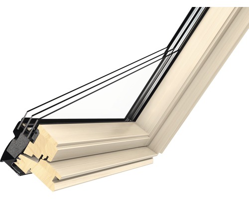 Secțiune transversală a unei ferestre de mansardă cu cadru din lemn și geam termoizolant multistrat