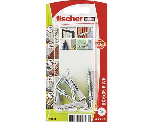 Dibluri plastic cu cârlig Fischer UX 6x35 mm, pachet 4 bucăți, cu guler-0