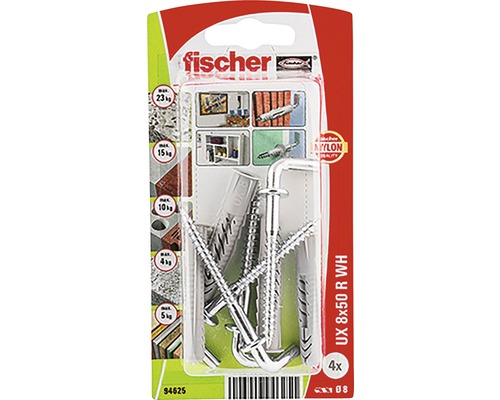 Dibluri plastic cu cârlig Fischer UX 8x50 mm, pachet 4 bucăți, cu guler